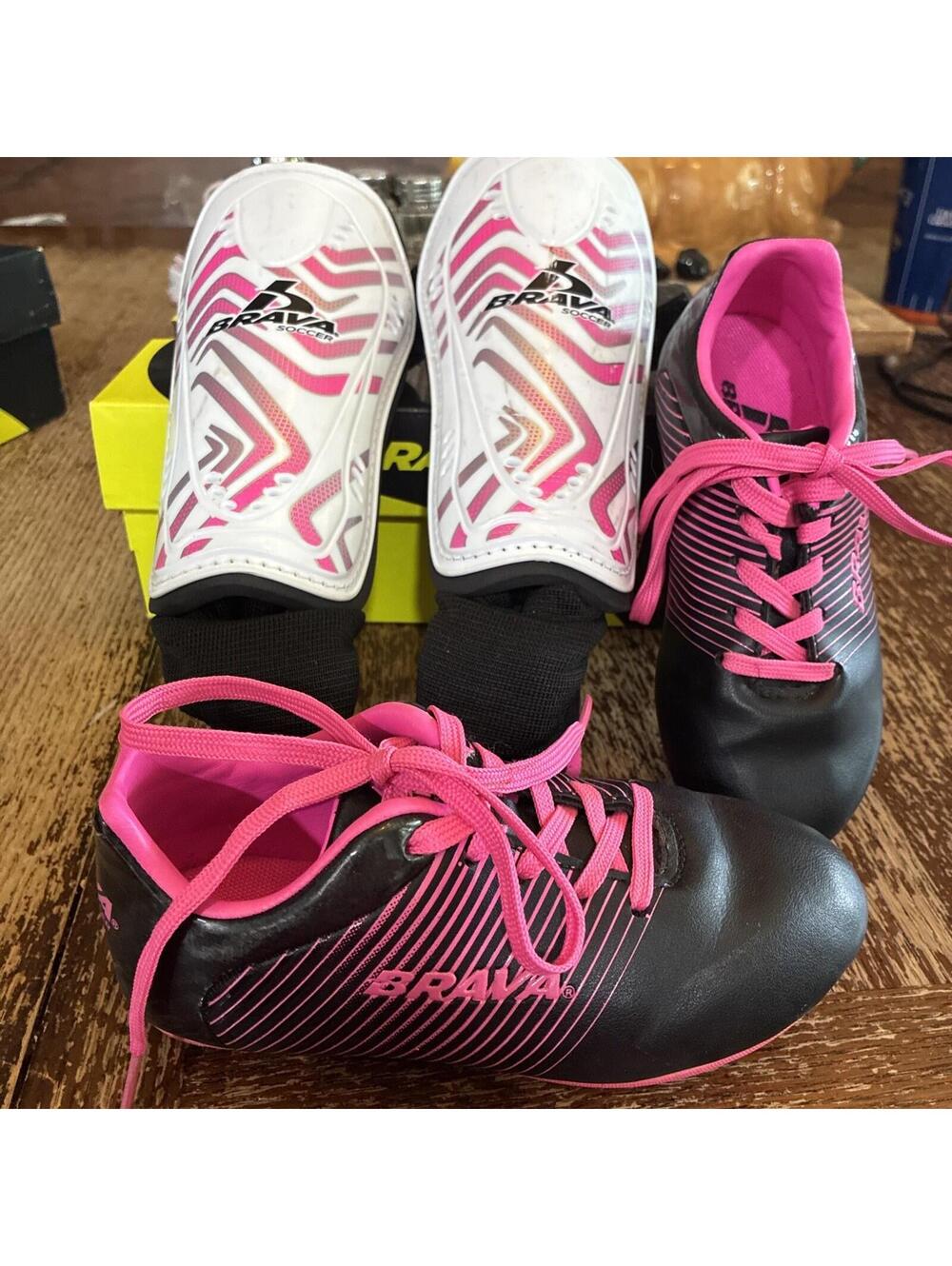 Brava Soccer Girl's Soccer Cleats Pink Black Size 11 D WITH SHIN GUARDS